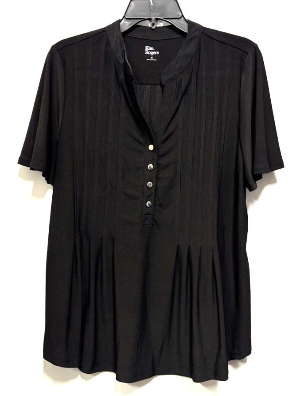 Kim Rogers Black Top Short Sleeves Pintucks Medium